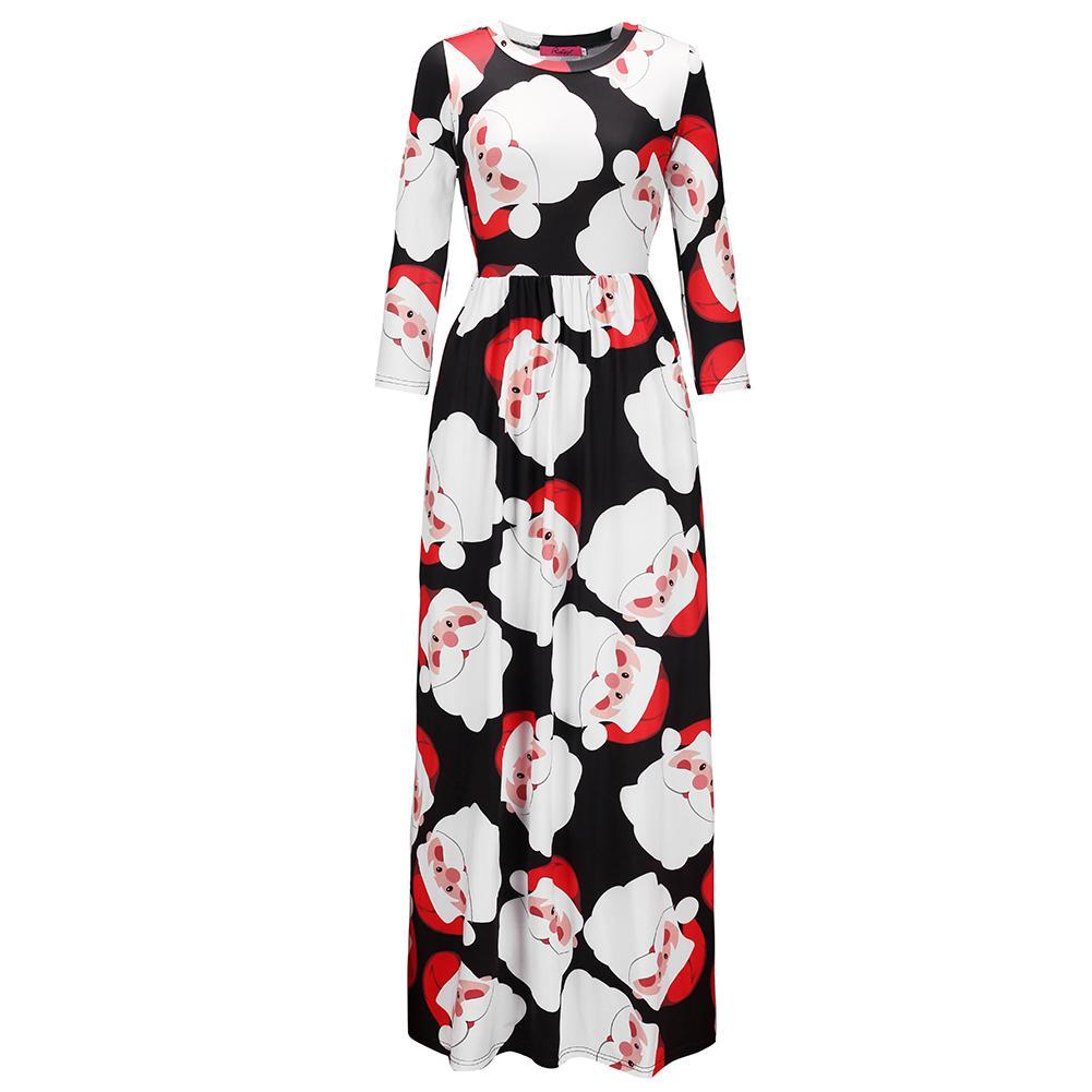 Fashion Black Santa Claus Printing Long Sleeve Round Neck Christmas Maxi Dress With Pocket