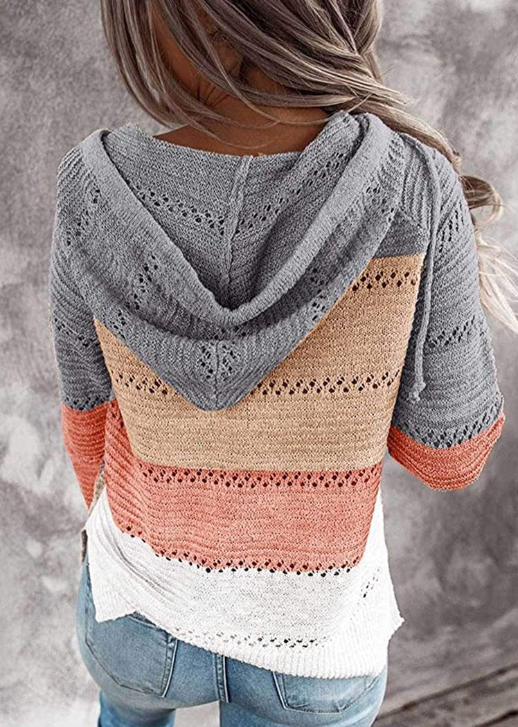Fashion Women Striped Lightweight High-elastic Long Sleeves Hoodie Outerwear Pullover Knited Sweater