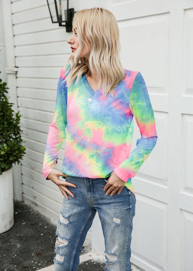 Chicvane New Tie Dye V-Neck Long Sleeve Top Shirts For Women