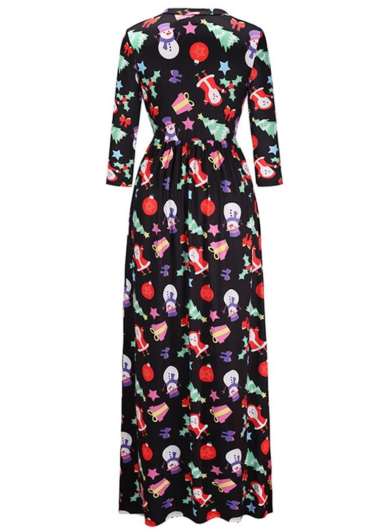 Fashion Black Snowman Print Long Sleeve Round Neck Christmas Maxi Dress