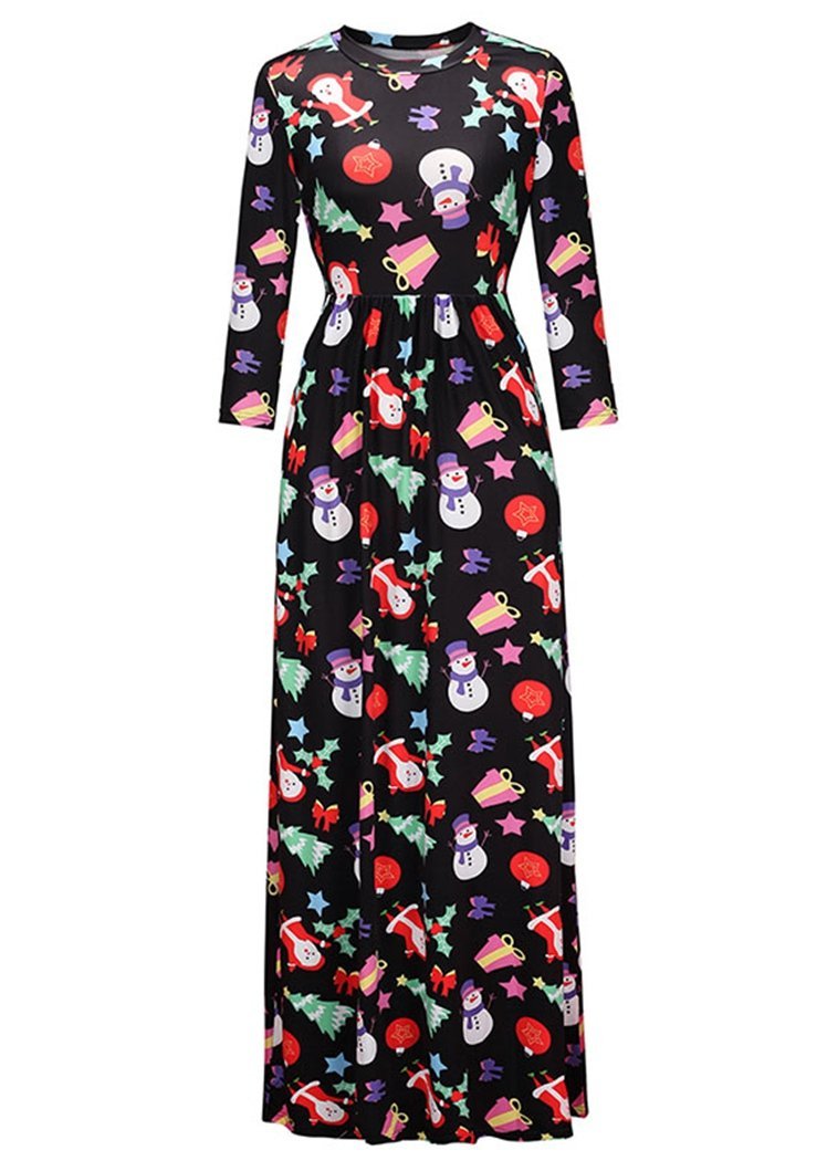 Fashion Black Snowman Print Long Sleeve Round Neck Christmas Maxi Dress
