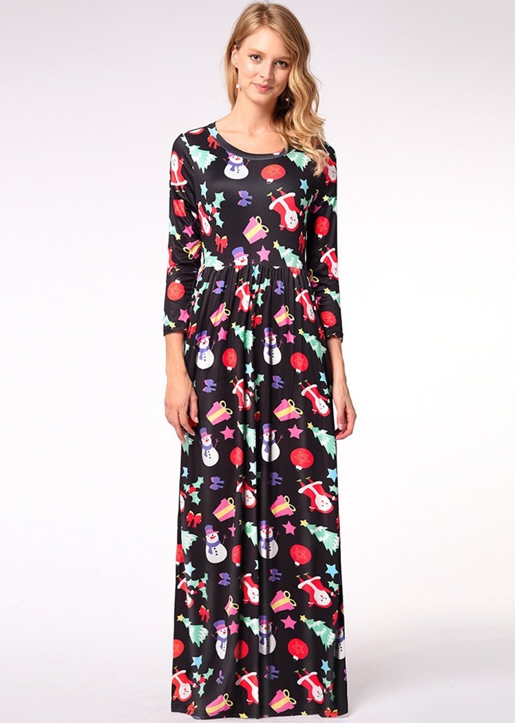 Fashion Black Snowman Print Long Sleeve Round Neck Christmas Maxi Dress