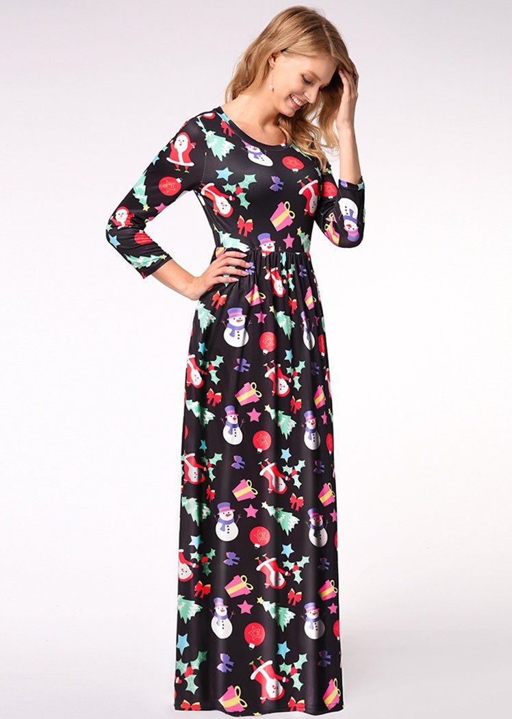 Fashion Black Snowman Print Long Sleeve Round Neck Christmas Maxi Dress