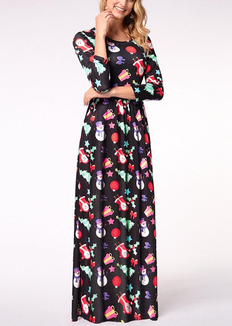 Fashion Black Snowman Print Long Sleeve Round Neck Christmas Maxi Dress