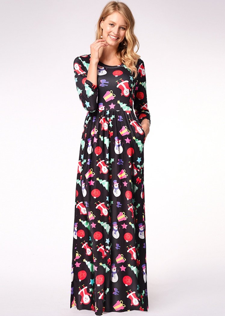 Fashion Black Snowman Print Long Sleeve Round Neck Christmas Maxi Dress