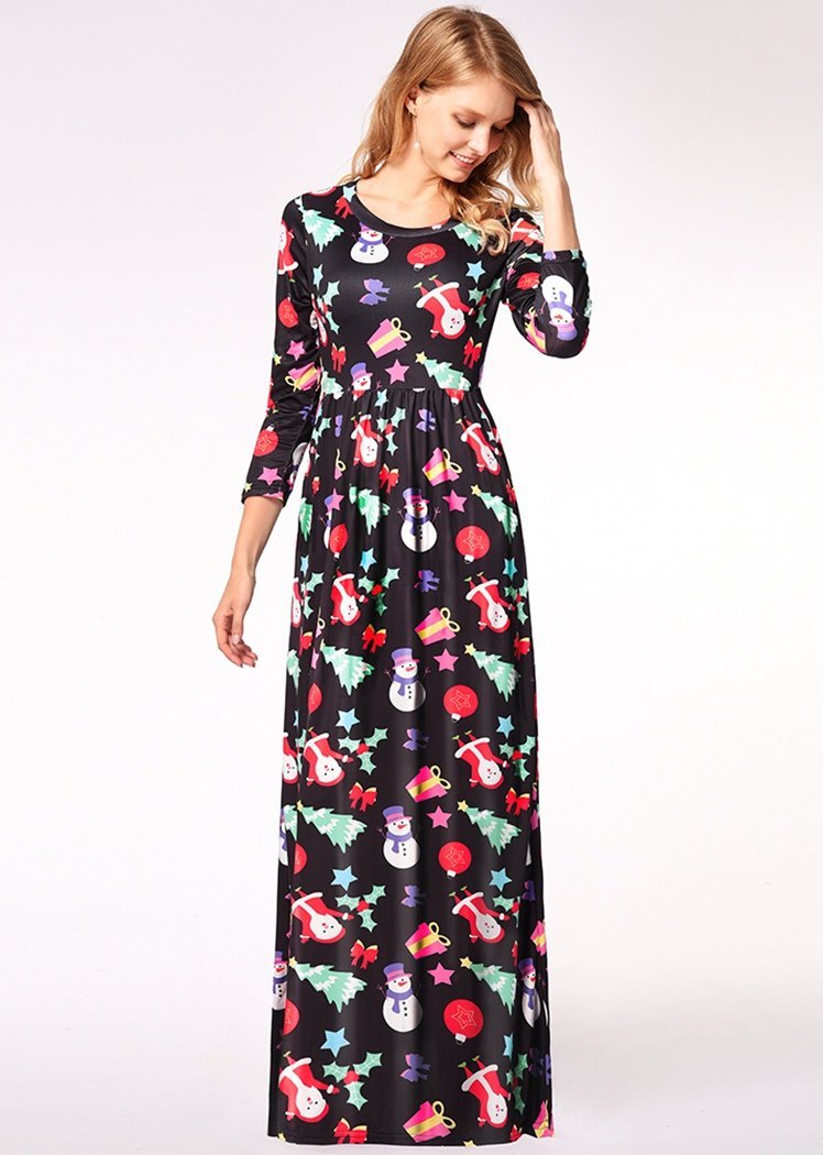 Fashion Black Snowman Print Long Sleeve Round Neck Christmas Maxi Dress