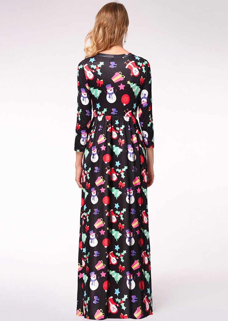 Fashion Black Snowman Print Long Sleeve Round Neck Christmas Maxi Dress