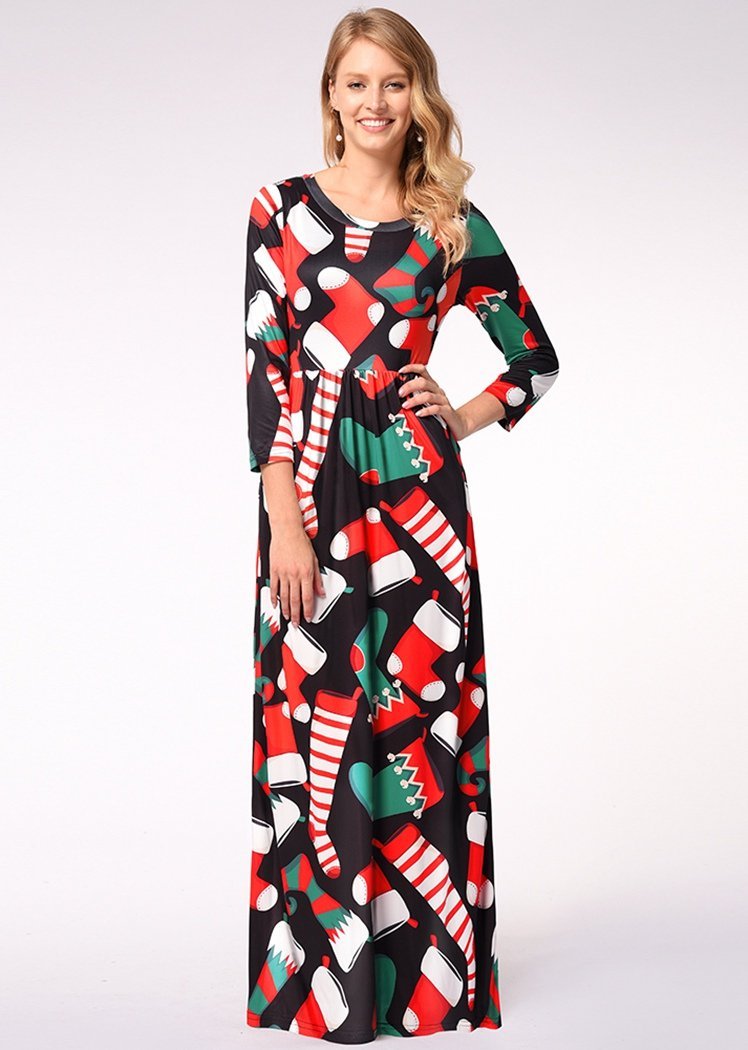 Fashion Christmas Sock Print Long Sleeve Round Neck Maxi Dress With Pocket