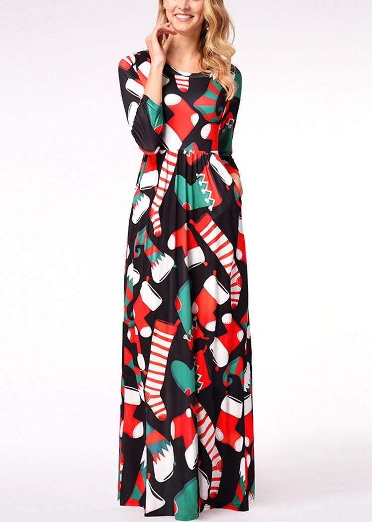 Fashion Christmas Sock Print Long Sleeve Round Neck Maxi Dress With Pocket