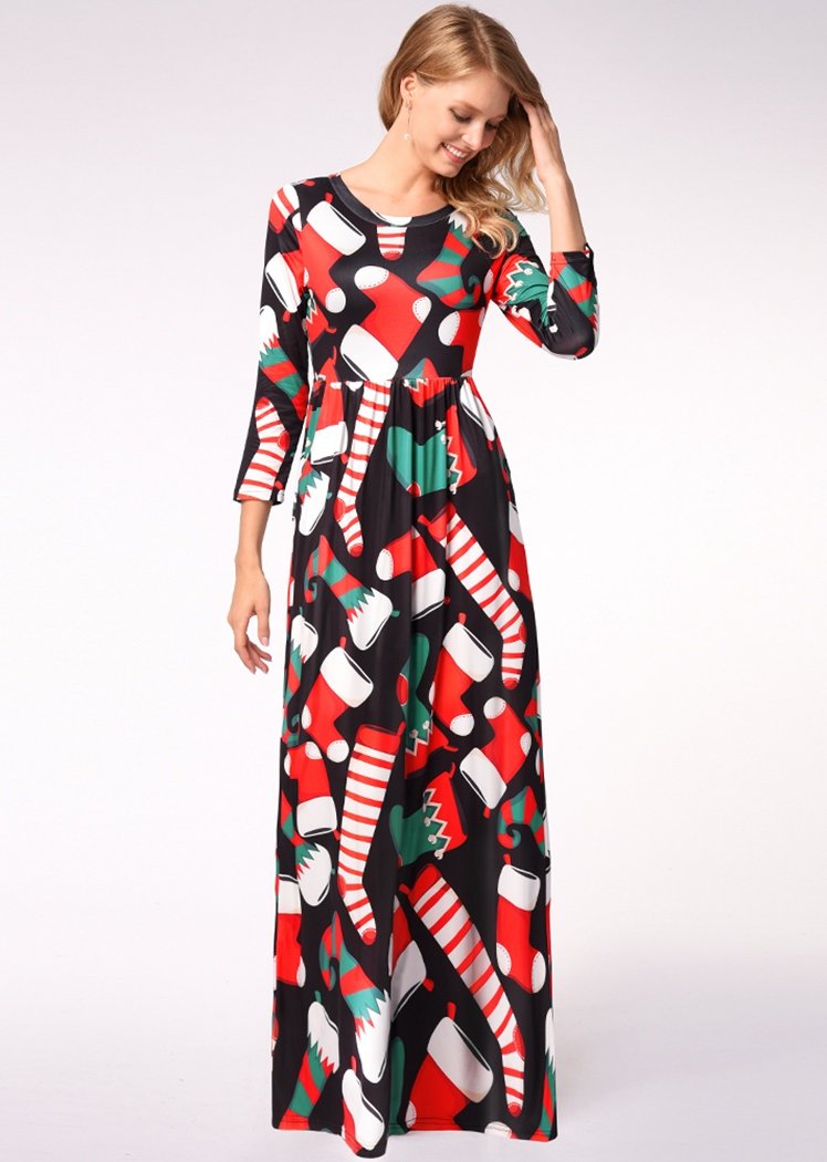 Fashion Christmas Sock Print Long Sleeve Round Neck Maxi Dress With Pocket