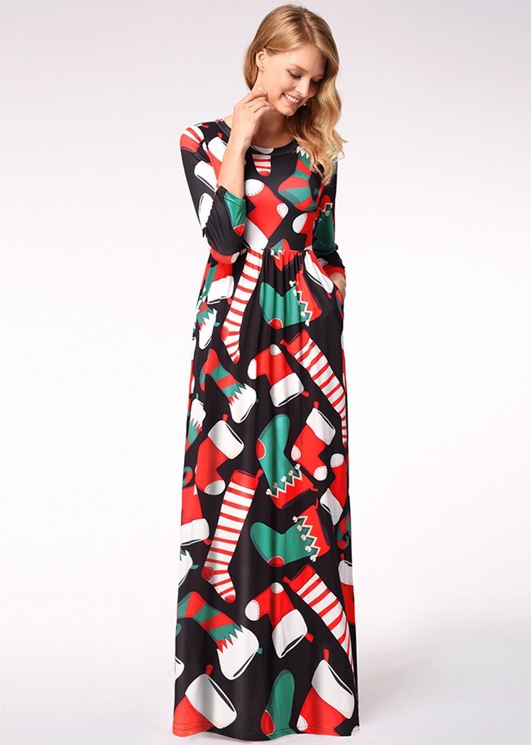 Fashion Christmas Sock Print Long Sleeve Round Neck Maxi Dress With Pocket