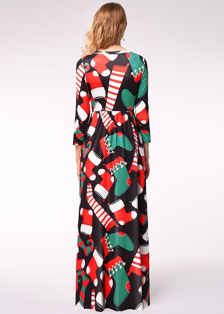 Fashion Christmas Sock Print Long Sleeve Round Neck Maxi Dress With Pocket