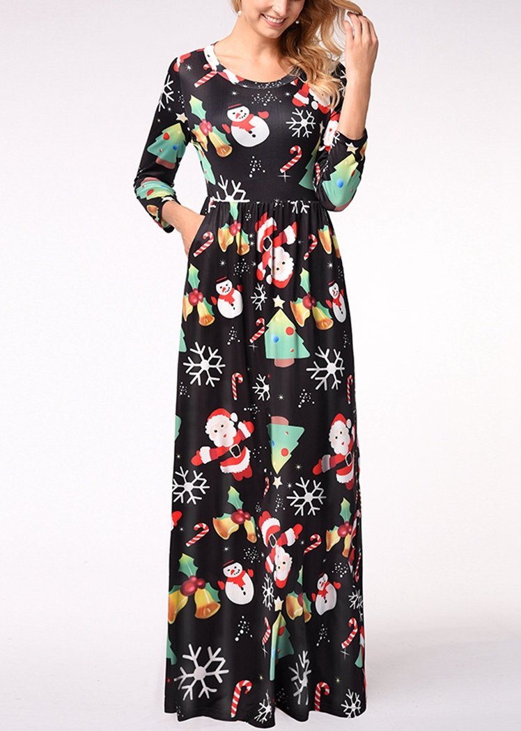 Fashion Christmas Pattern Print Long Sleeve Round Neck Maxi Dress With Pocket