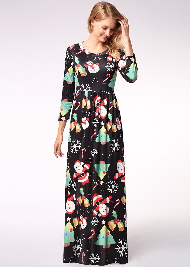 Fashion Christmas Pattern Print Long Sleeve Round Neck Maxi Dress With Pocket