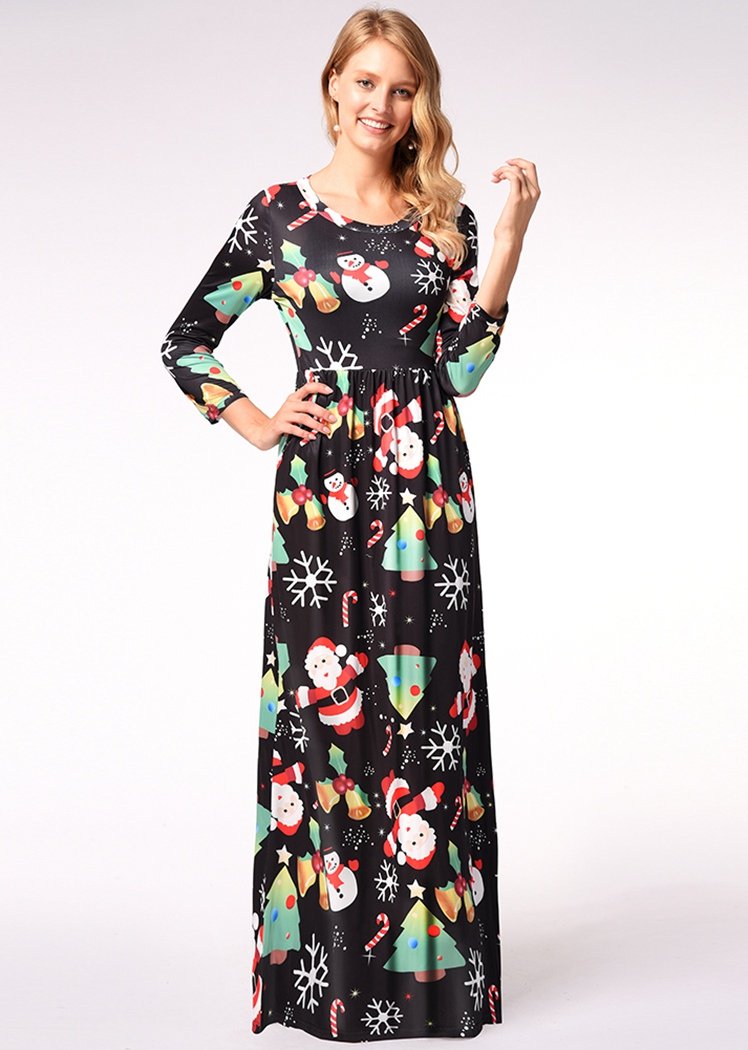 Fashion Christmas Pattern Print Long Sleeve Round Neck Maxi Dress With Pocket