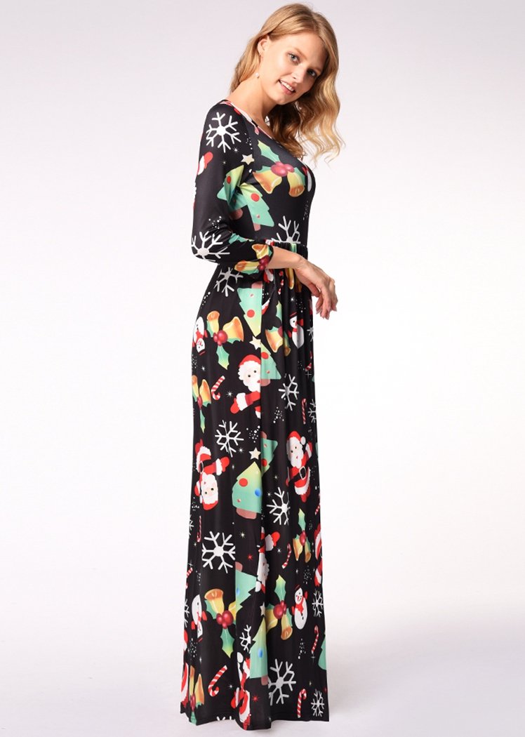 Fashion Christmas Pattern Print Long Sleeve Round Neck Maxi Dress With Pocket
