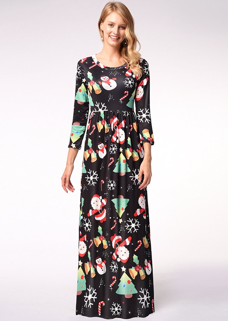 Fashion Christmas Pattern Print Long Sleeve Round Neck Maxi Dress With Pocket