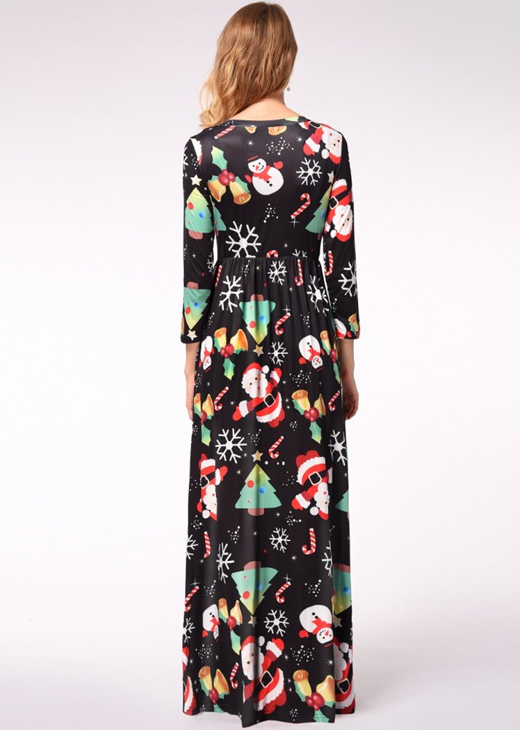 Fashion Christmas Pattern Print Long Sleeve Round Neck Maxi Dress With Pocket