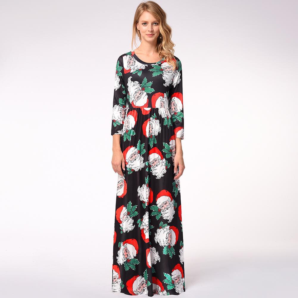 Fashion Snowman Print Long Sleeve Round Neck Christmas Maxi Dress With Pocket