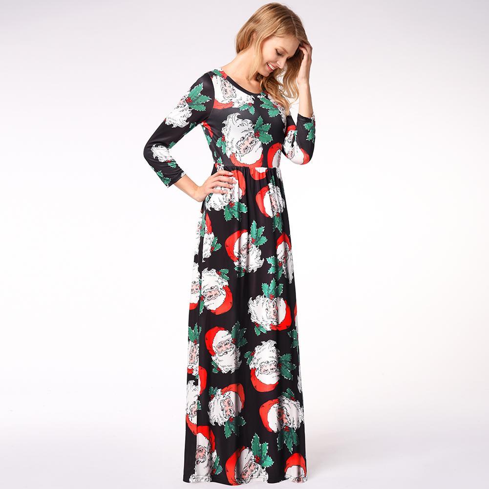 Fashion Snowman Print Long Sleeve Round Neck Christmas Maxi Dress With Pocket