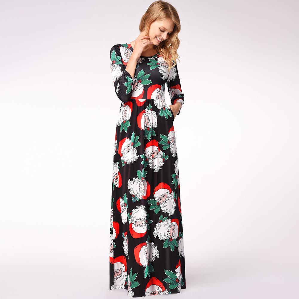 Fashion Snowman Print Long Sleeve Round Neck Christmas Maxi Dress With Pocket