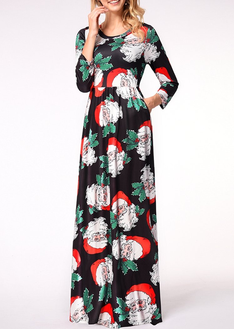 Fashion Snowman Print Long Sleeve Round Neck Christmas Maxi Dress With Pocket