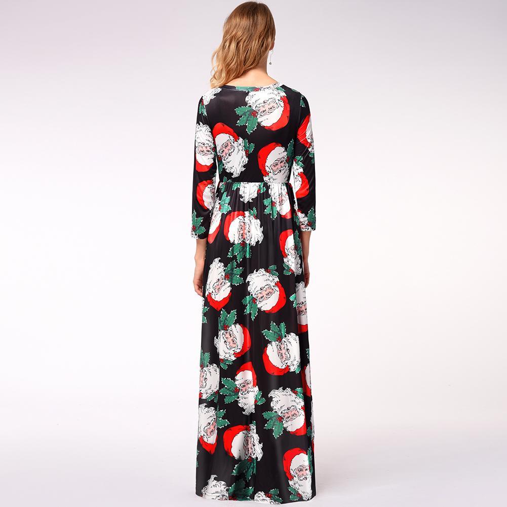 Fashion Snowman Print Long Sleeve Round Neck Christmas Maxi Dress With Pocket