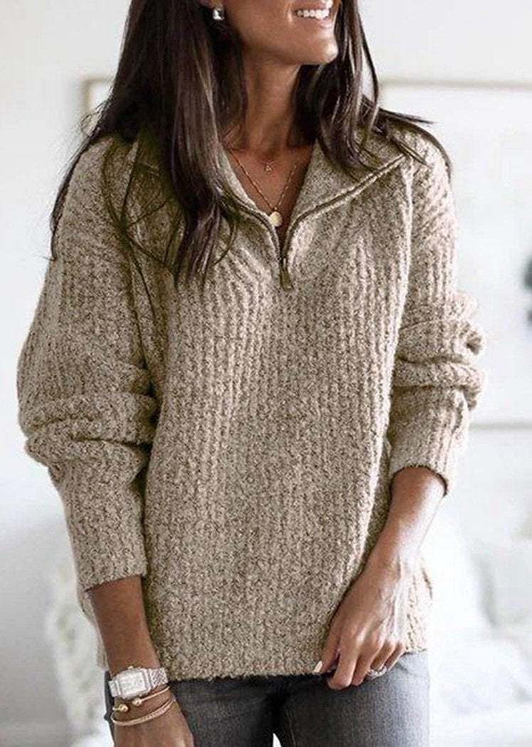 Chicvane Autumn Winter Long Sleeve Pullover Knit Sweatshirt with Zipper
