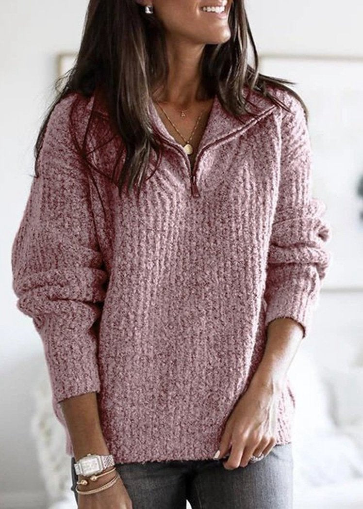 Chicvane Autumn Winter Long Sleeve Pullover Knit Sweatshirt with Zipper