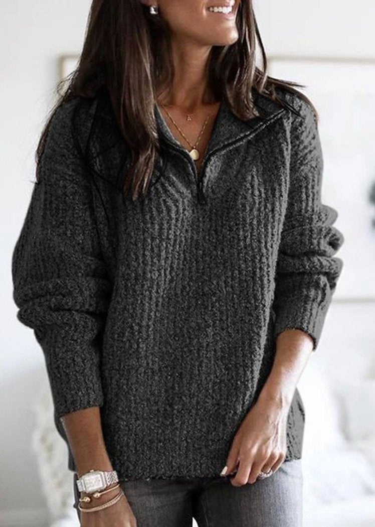 Chicvane Autumn Winter Long Sleeve Pullover Knit Sweatshirt with Zipper