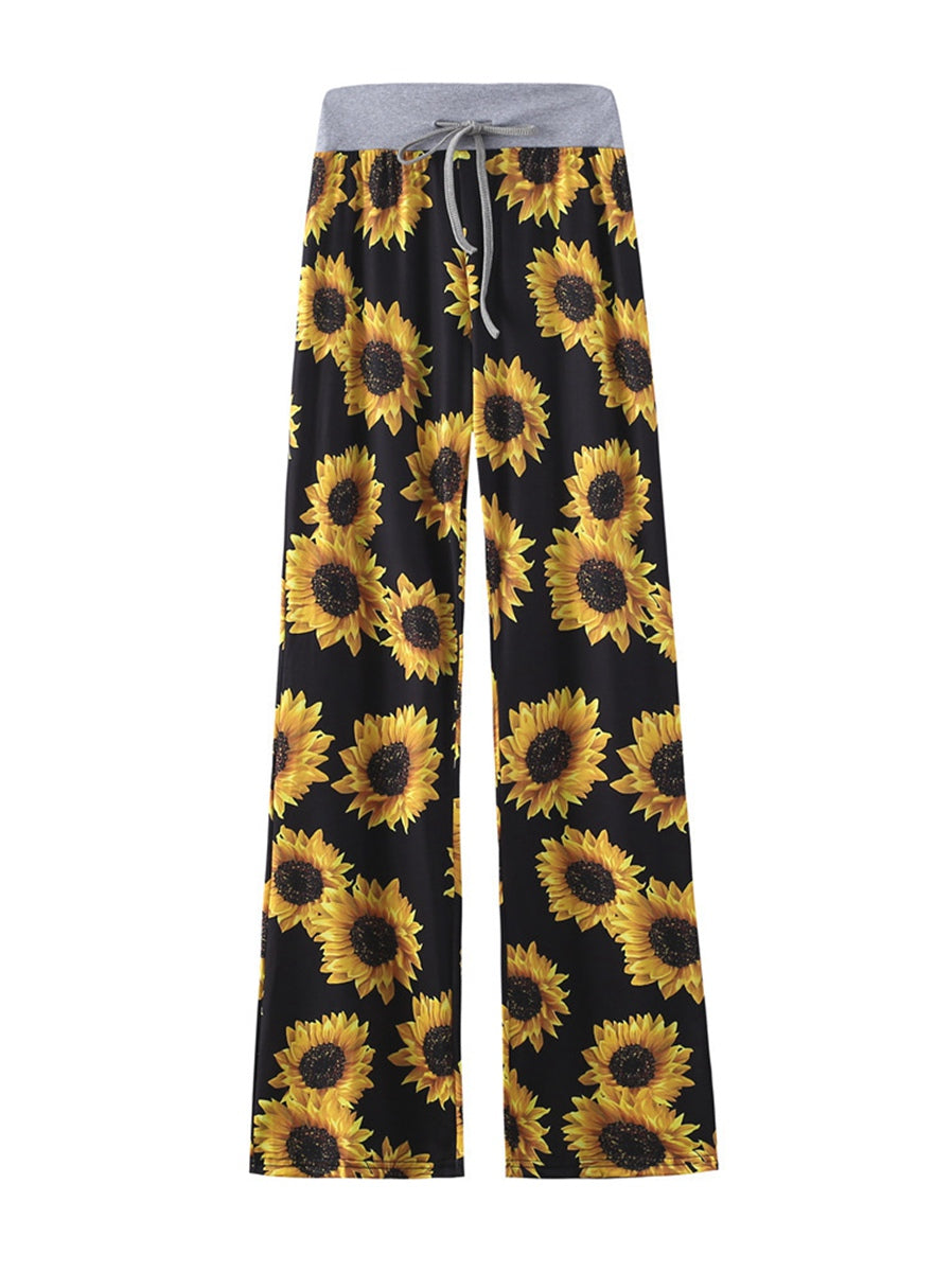Women's Comfy Casual Pajama Pants Floral Print Drawstring Palazzo Lounge Pants Wide Leg