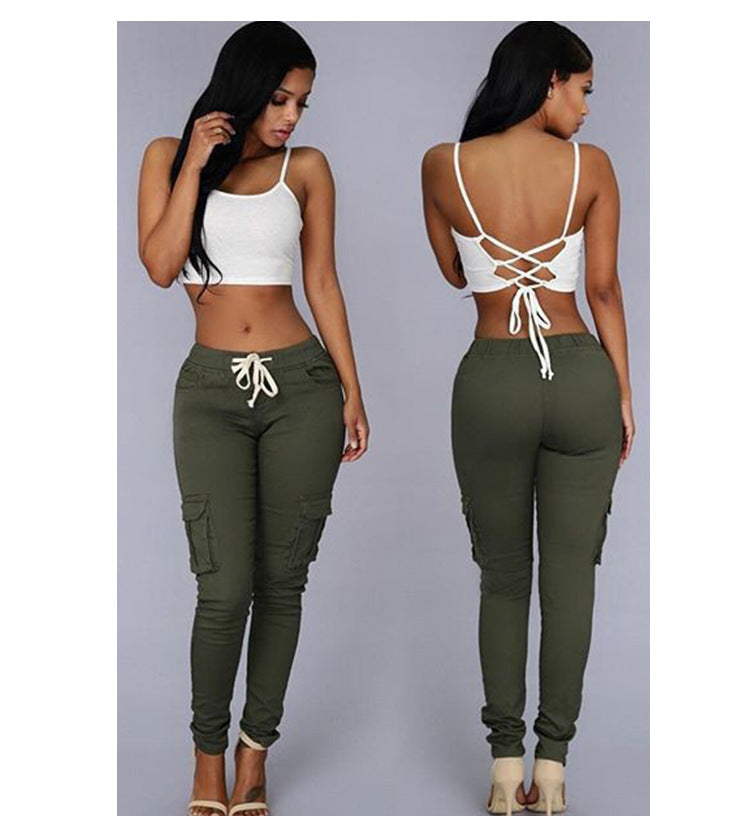 Women's Fashion Multi Pockets Casual Pants with Drawstrings