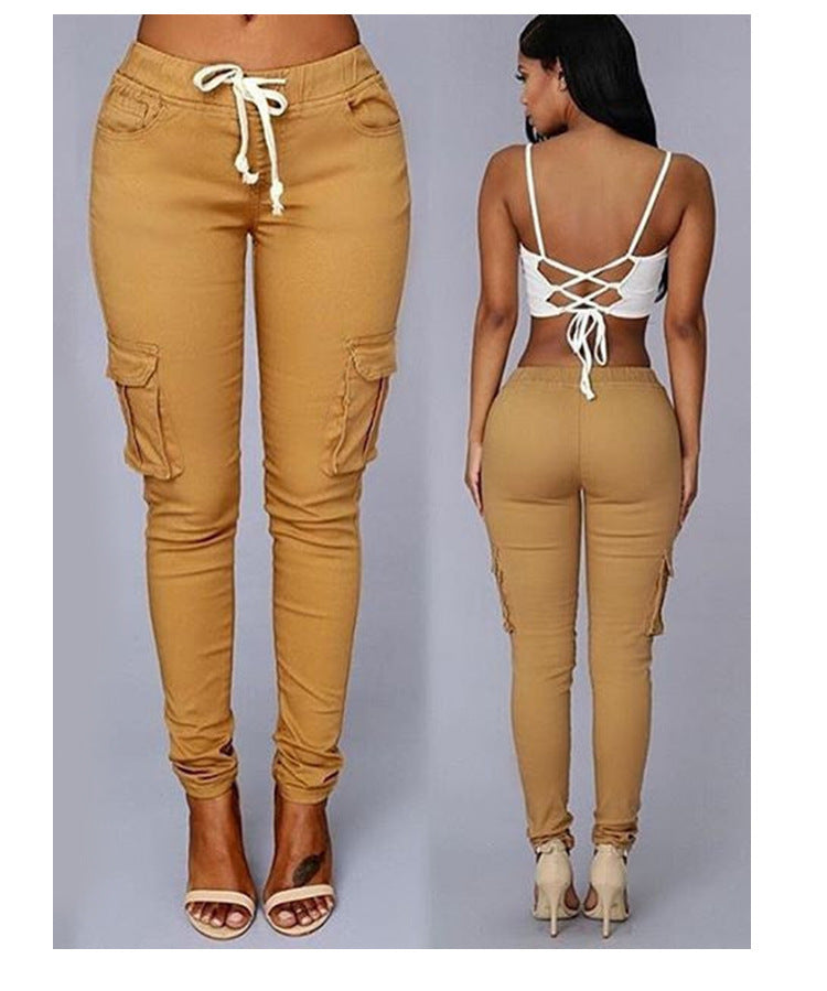 Women's Fashion Multi Pockets Casual Pants with Drawstrings