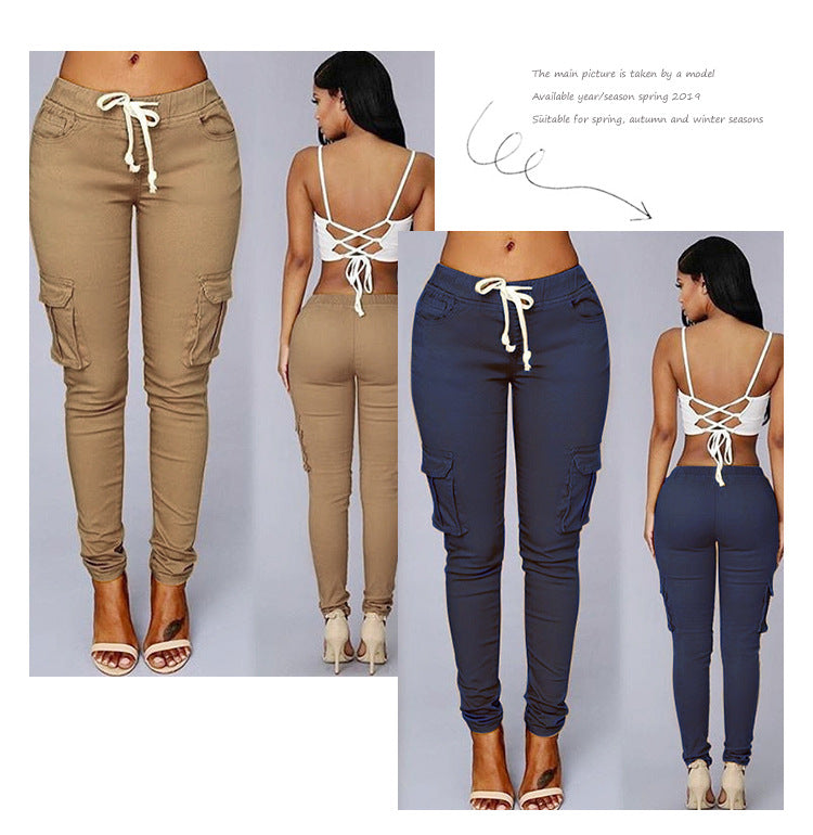 Women's Fashion Multi Pockets Casual Pants with Drawstrings