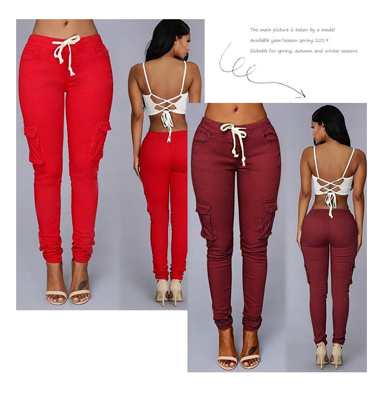 Women's Fashion Multi Pockets Casual Pants with Drawstrings