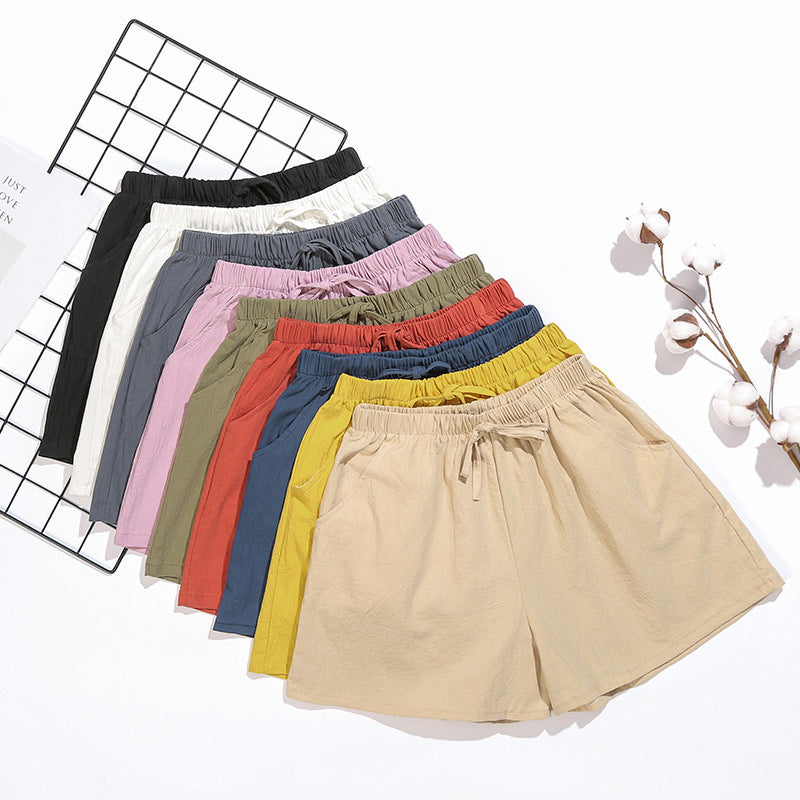 Summer New Women Casual Solid Cotton Linen Shorts