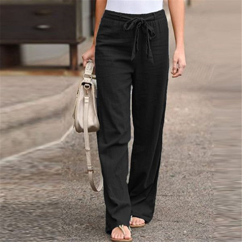 Women's Loose Elastic Waist Solid Color Cotton Linen Wide Leg Pants