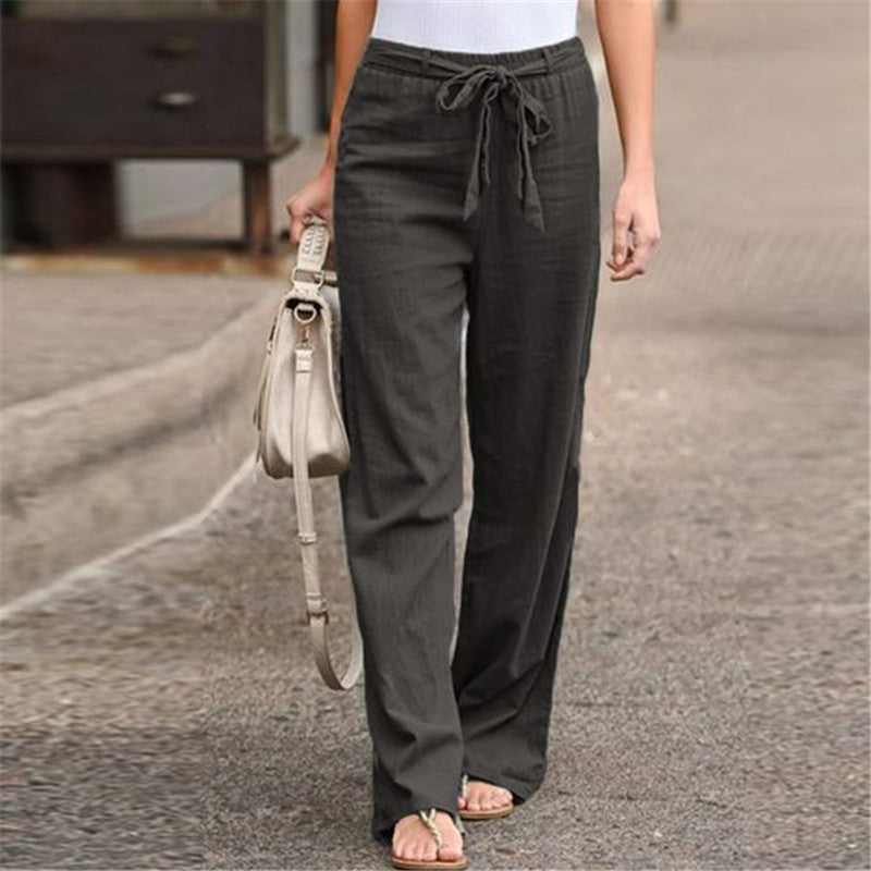 Women's Loose Elastic Waist Solid Color Cotton Linen Wide Leg Pants