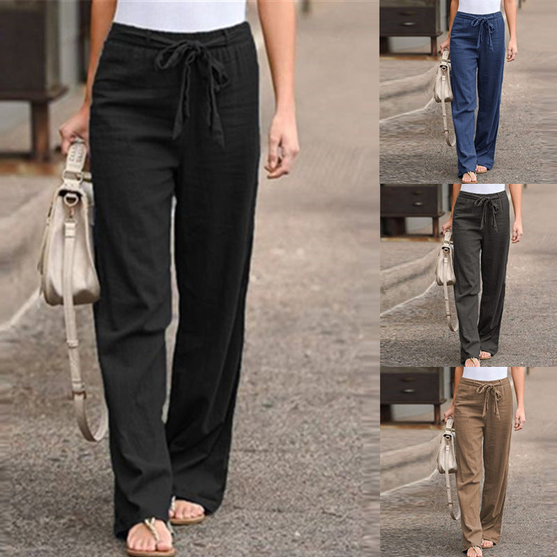 Women's Loose Elastic Waist Solid Color Cotton Linen Wide Leg Pants