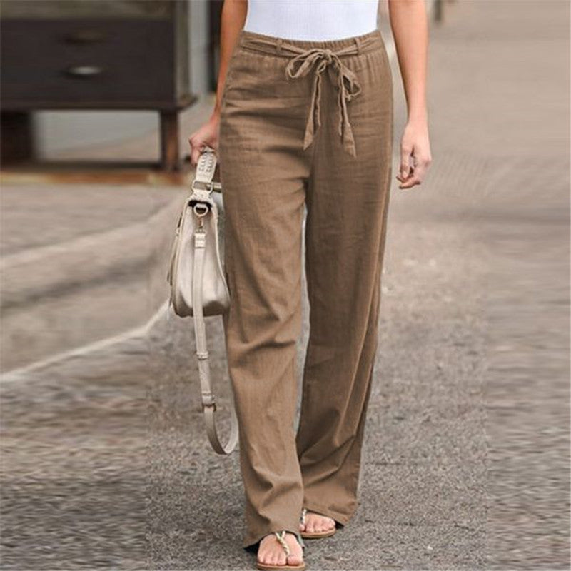 Women's Loose Elastic Waist Solid Color Cotton Linen Wide Leg Pants