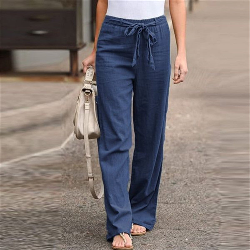 Women's Loose Elastic Waist Solid Color Cotton Linen Wide Leg Pants