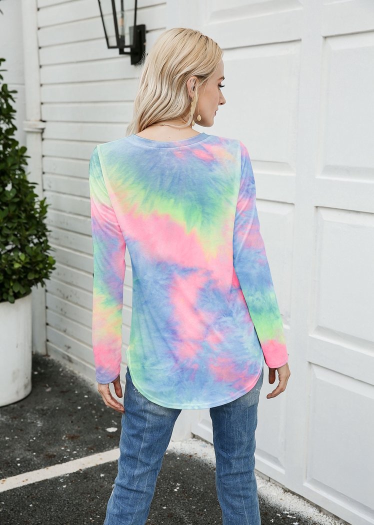 Chicvane New Tie Dye V-Neck Long Sleeve Top Shirts For Women