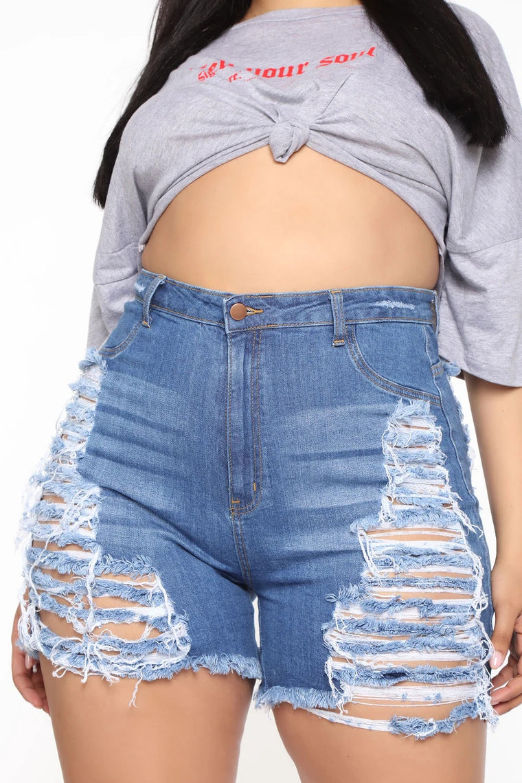 Hot Hole Women High Waist Denim Shorts Fringed Jeans