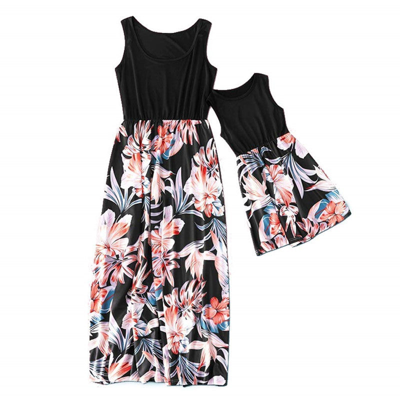 Mommy and Me Dresses Casual Floral Family Outfits Summer Matching Maxi Dress With Pockets