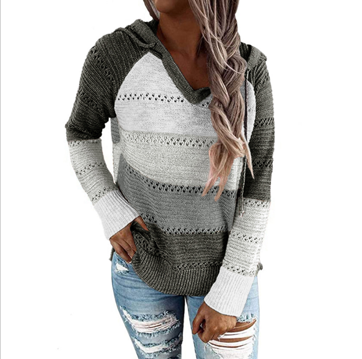 Fashion Women Striped Lightweight High-elastic Long Sleeves Hoodie Outerwear Pullover Knited Sweater