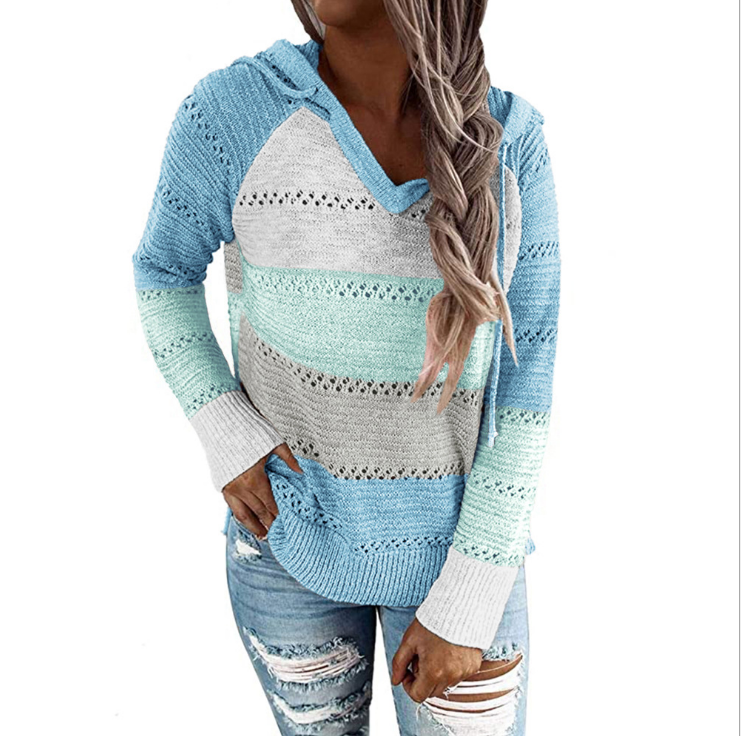 Fashion Women Striped Lightweight High-elastic Long Sleeves Hoodie Outerwear Pullover Knited Sweater