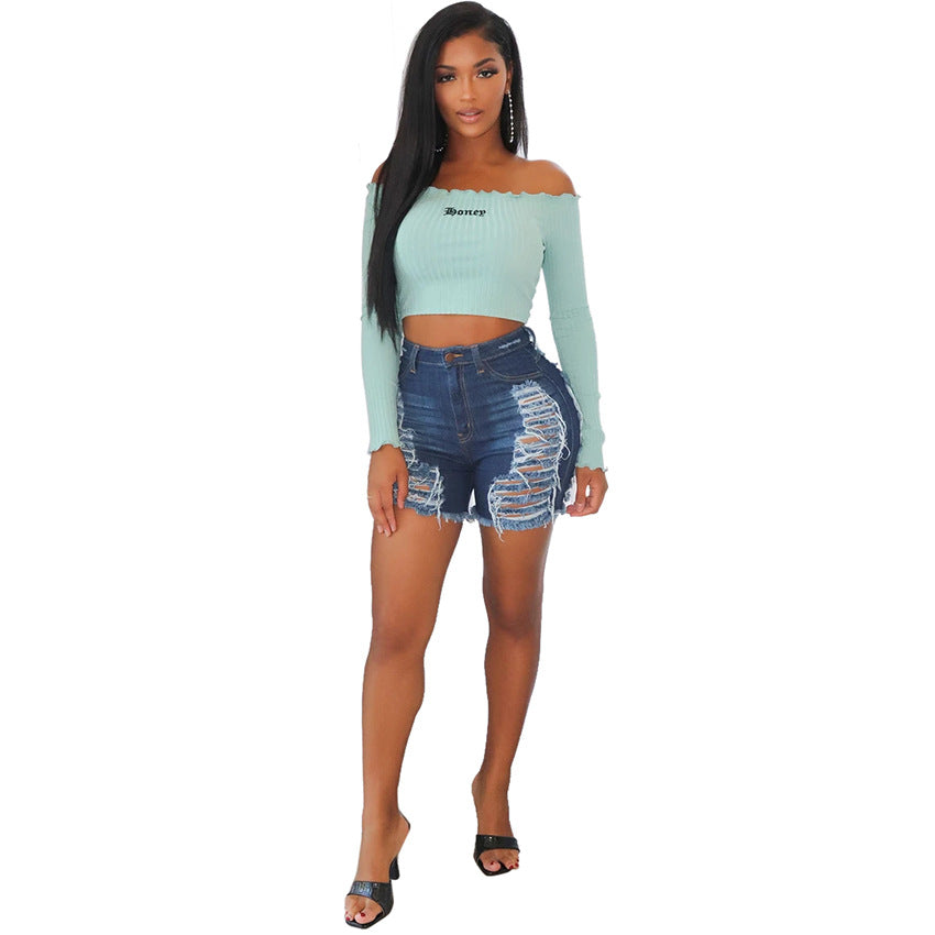 Hot Hole Women High Waist Denim Shorts Fringed Jeans