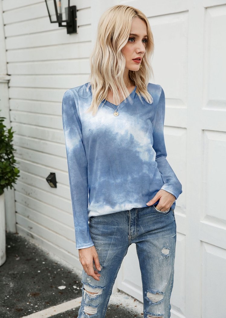 Chicvane New Tie Dye V-Neck Long Sleeve Top Shirts For Women