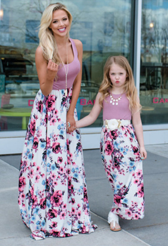 Mommy and Me Dresses Casual Floral Family Outfits Summer Matching Maxi Dress With Pockets