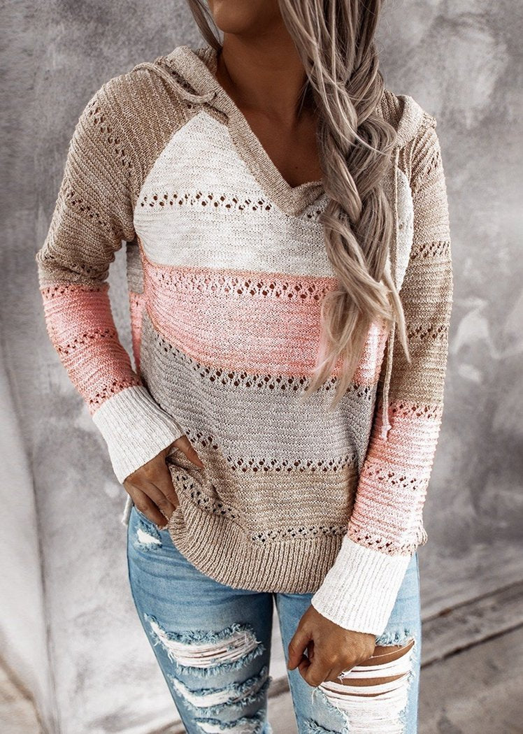 Fashion Women Striped Lightweight High-elastic Long Sleeves Hoodie Outerwear Pullover Knited Sweater